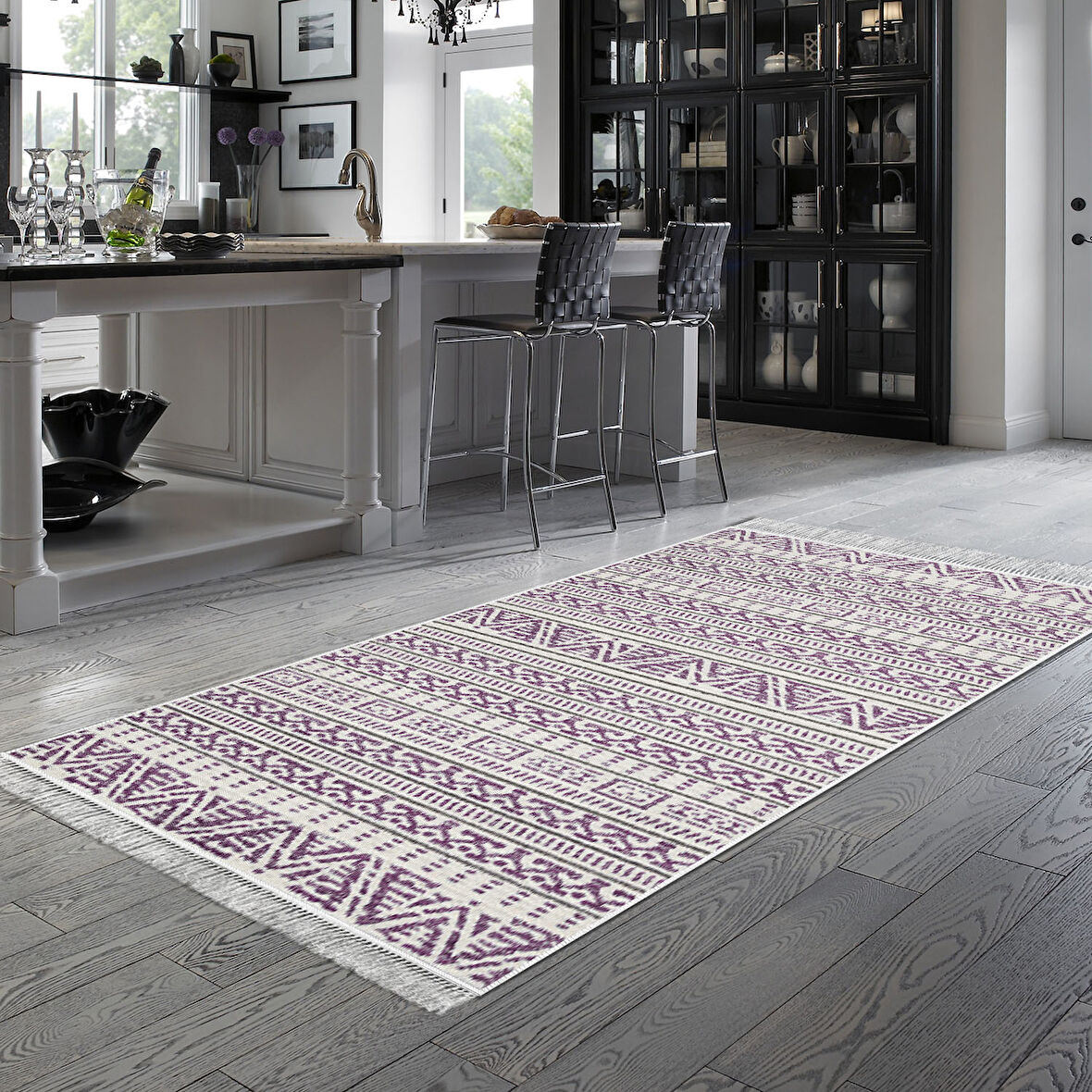 Dekoreko Kaymaz Taban Djt Mutfak Halısı Yıldız Deri Saçaklı İskandinav F5082