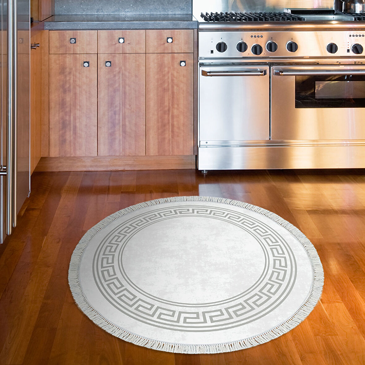 Dekoreko Kaymaz Taban Djt Mutfak Halısı Yıldız Deri Saçaklı Yuvarlak Modern 626M