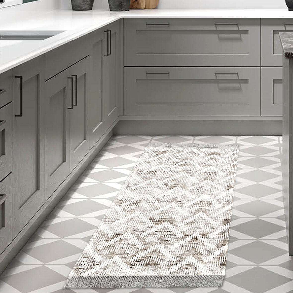 Dekoreko Kaymaz Taban Djt Mutfak Halısı Trend Saçaklı İskandinav F5124