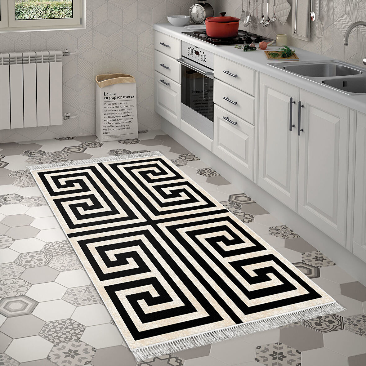 Dekoreko Kaymaz Taban Djt Mutfak Halısı Yıldız Deri Saçaklı Modern 658M