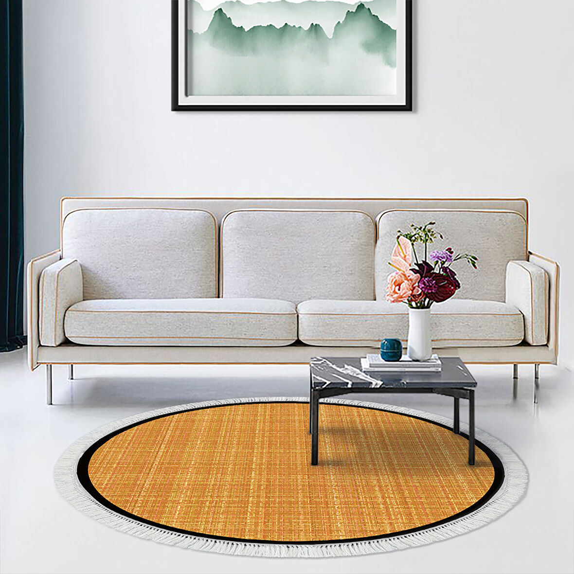 Alanur Home Kaymaz Taban Djt Banyo Mutfak Salon Halı Yıldız Deri Saçaklı Yuvarlak Dokuma Desen E5007