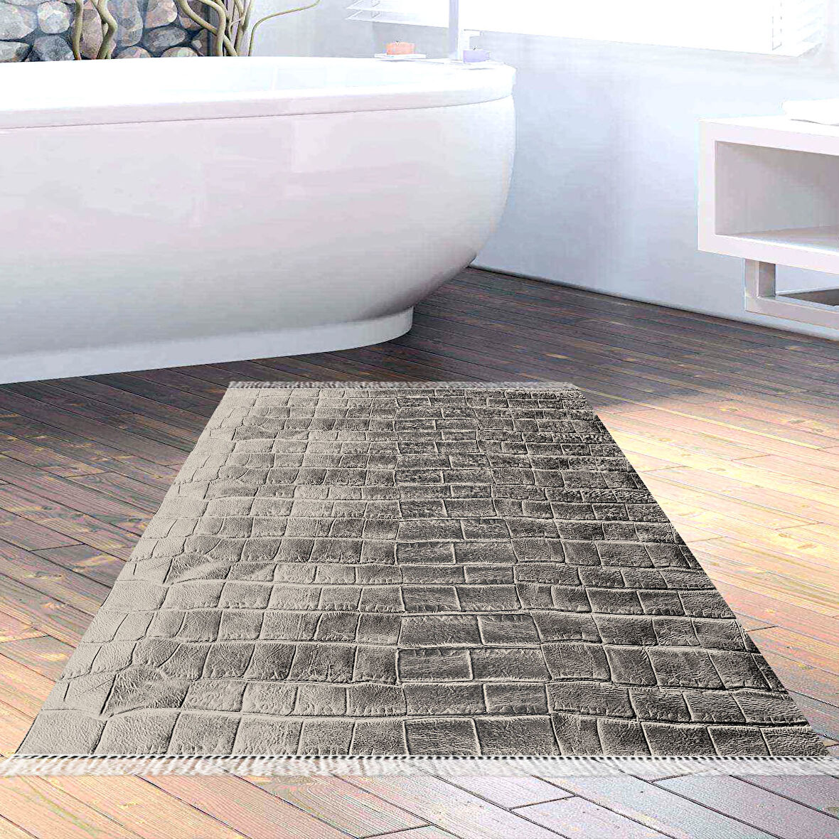 Dekoreko Kaymaz Taban Djt Banyo Halısı Trend Saçaklı Modern 1911