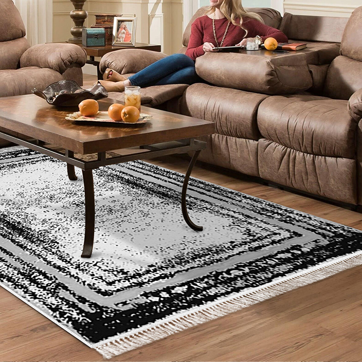 Dekoreko Kaymaz Taban Djt Salon Halısı Yıldız Deri Saçaklı Modern M5132