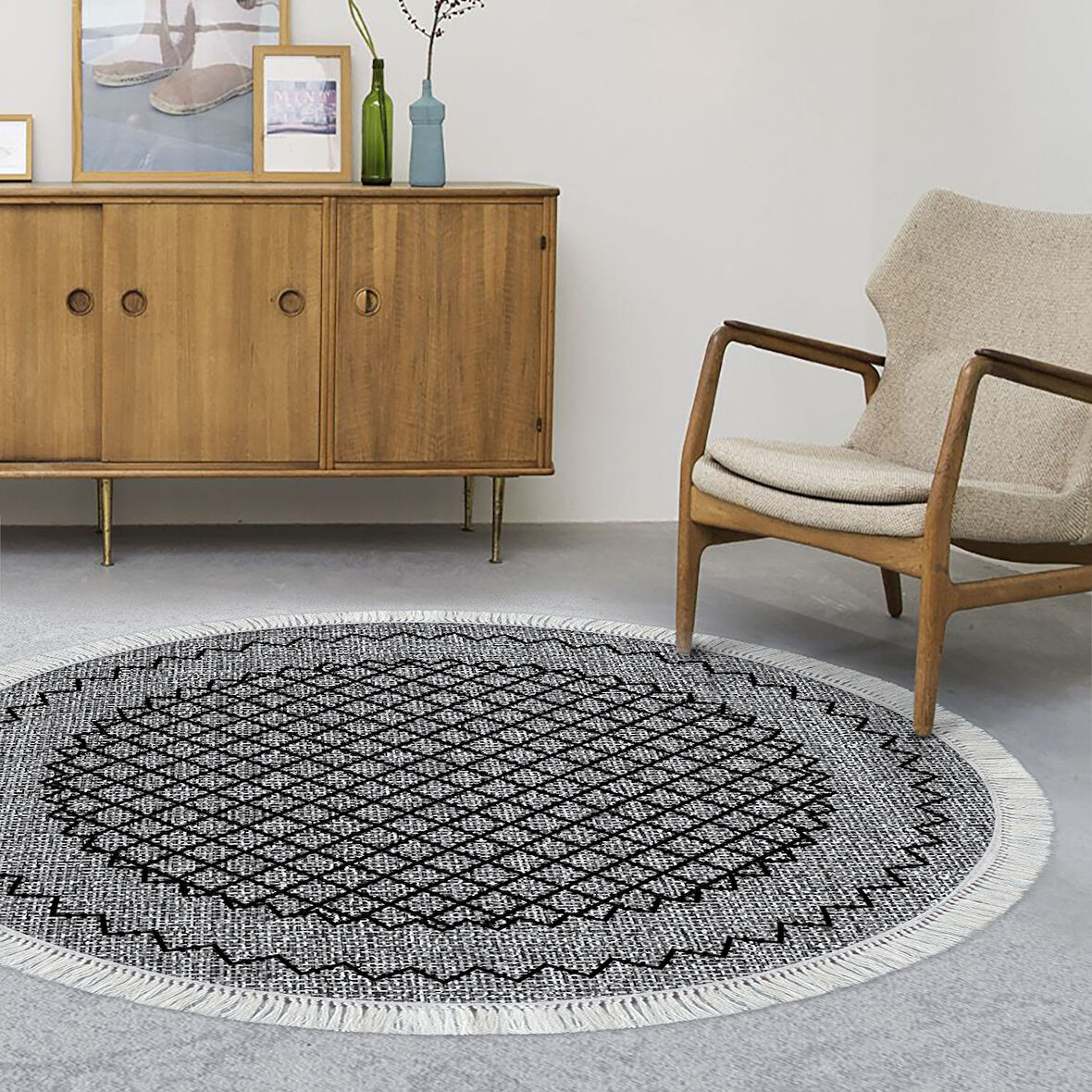 Dekoreko Kaymaz Taban Djt Salon Halısı Star Pamuk Saçaklı Yuvarlak Modern M5001