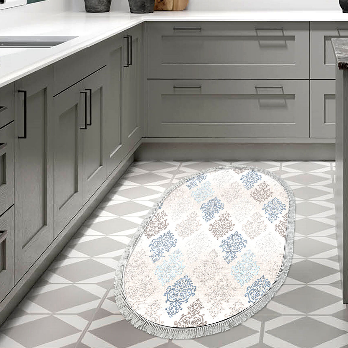 Dekoreko Kaymaz Taban Djt Mutfak Halısı Yıldız Deri Saçaklı Oval Modern 674M