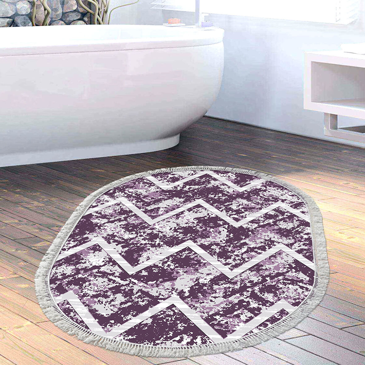 Dekoreko Kaymaz Taban Djt Banyo Halısı Yıldız Deri Saçaklı Oval İskandinav F5128