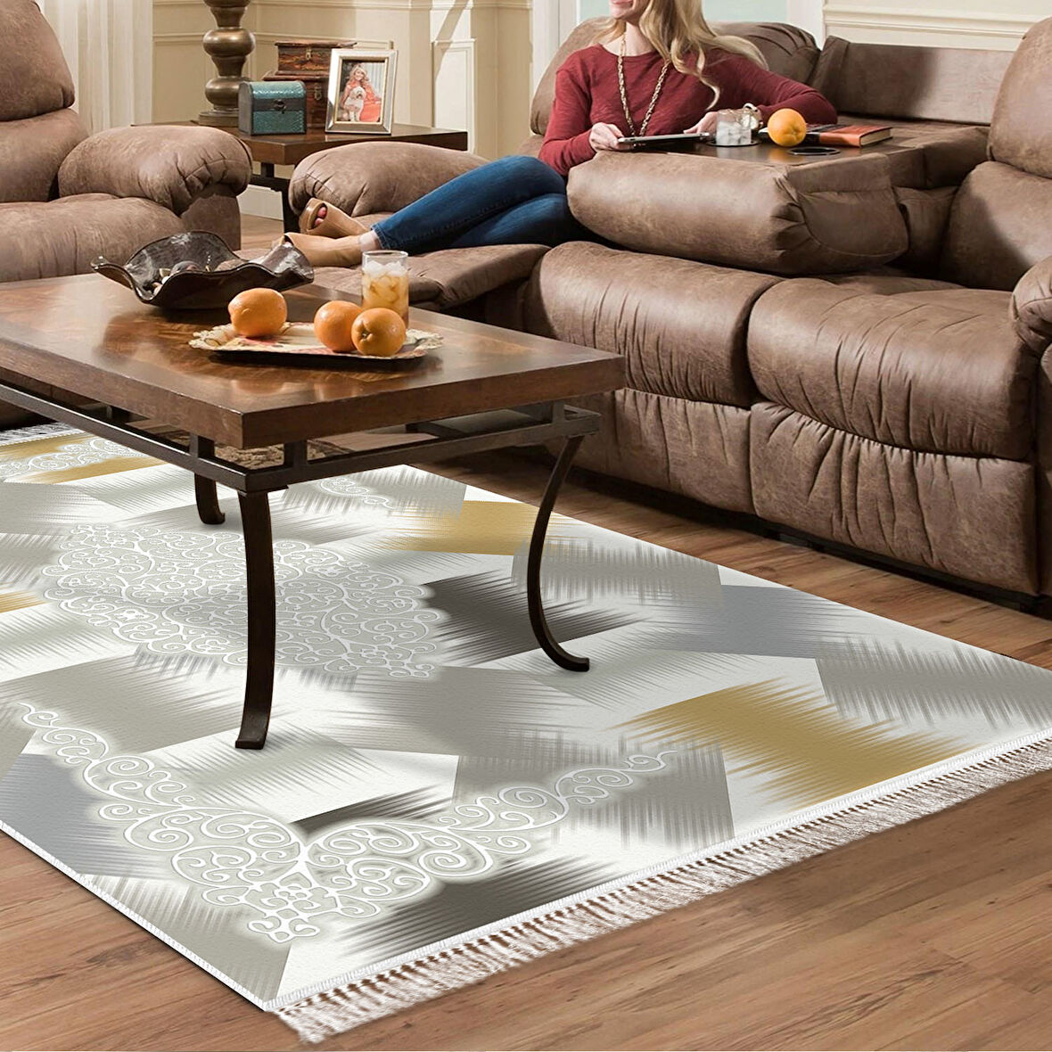 Dekoreko Kaymaz Taban Djt Salon Halısı Yıldız Deri Saçaklı Modern S1030