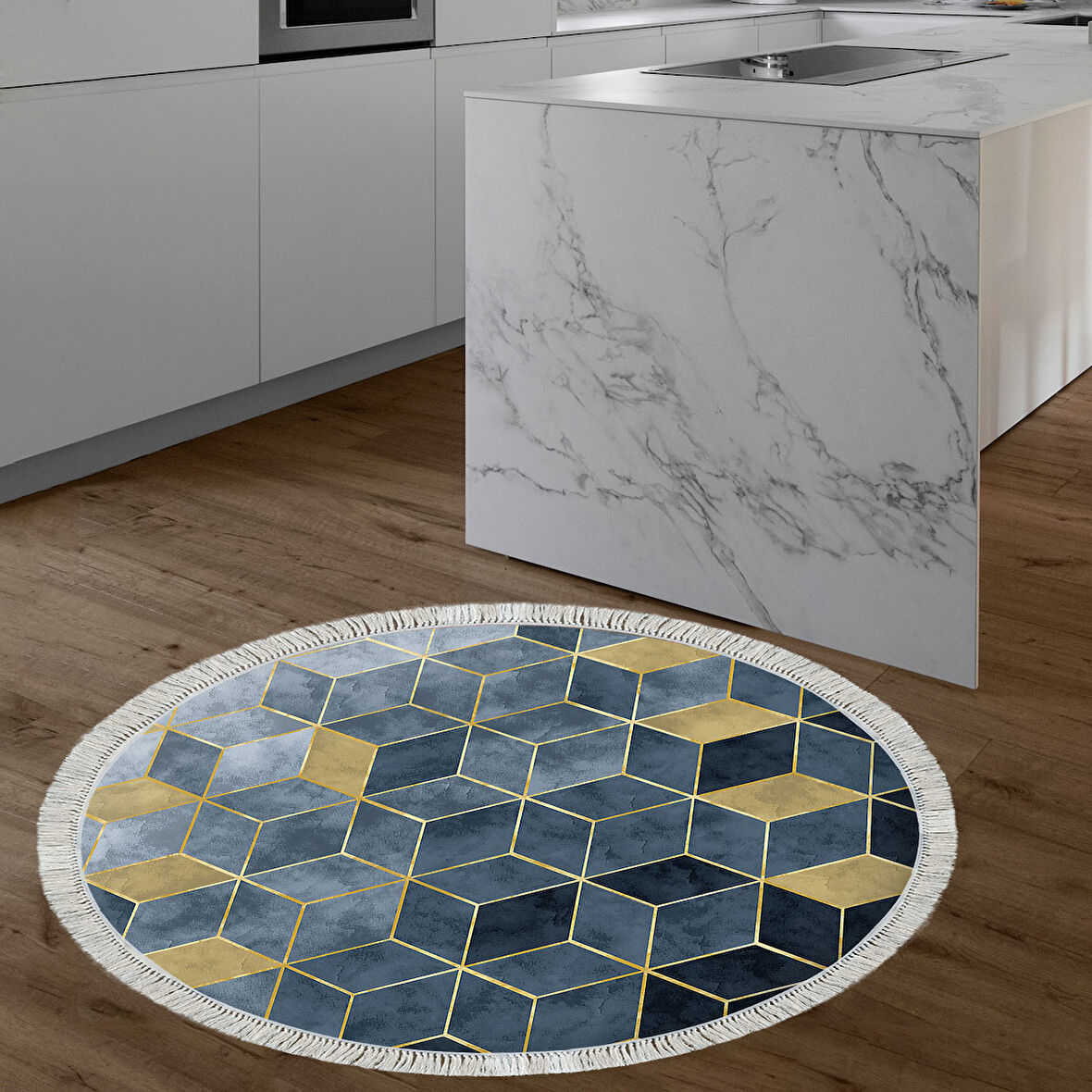 Dekoreko Kaymaz Taban Djt Mutfak Halısı Yıldız Deri Saçaklı Yuvarlak İskandinav 2146M