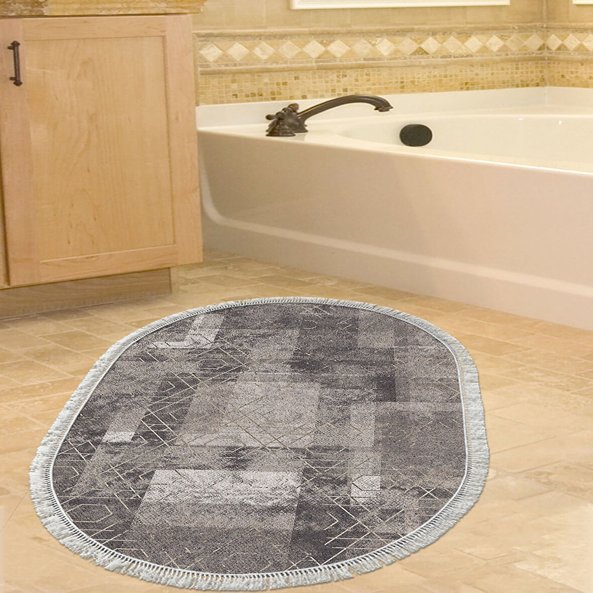 Dekoreko Kaymaz Taban Djt Banyo Halısı Yıldız Deri Saçaklı Oval İskandinav F5132