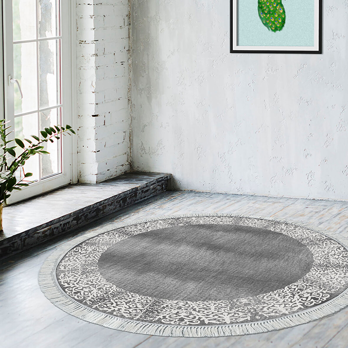 Dekoreko Kaymaz Taban Djt Salon Halısı Yıldız Deri Saçaklı Yuvarlak Modern 1460