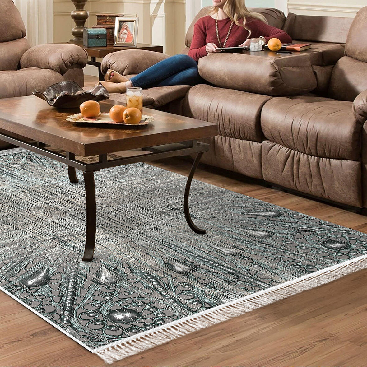 Dekoreko Kaymaz Taban Djt Salon Halısı Yıldız Deri Saçaklı Modern 743