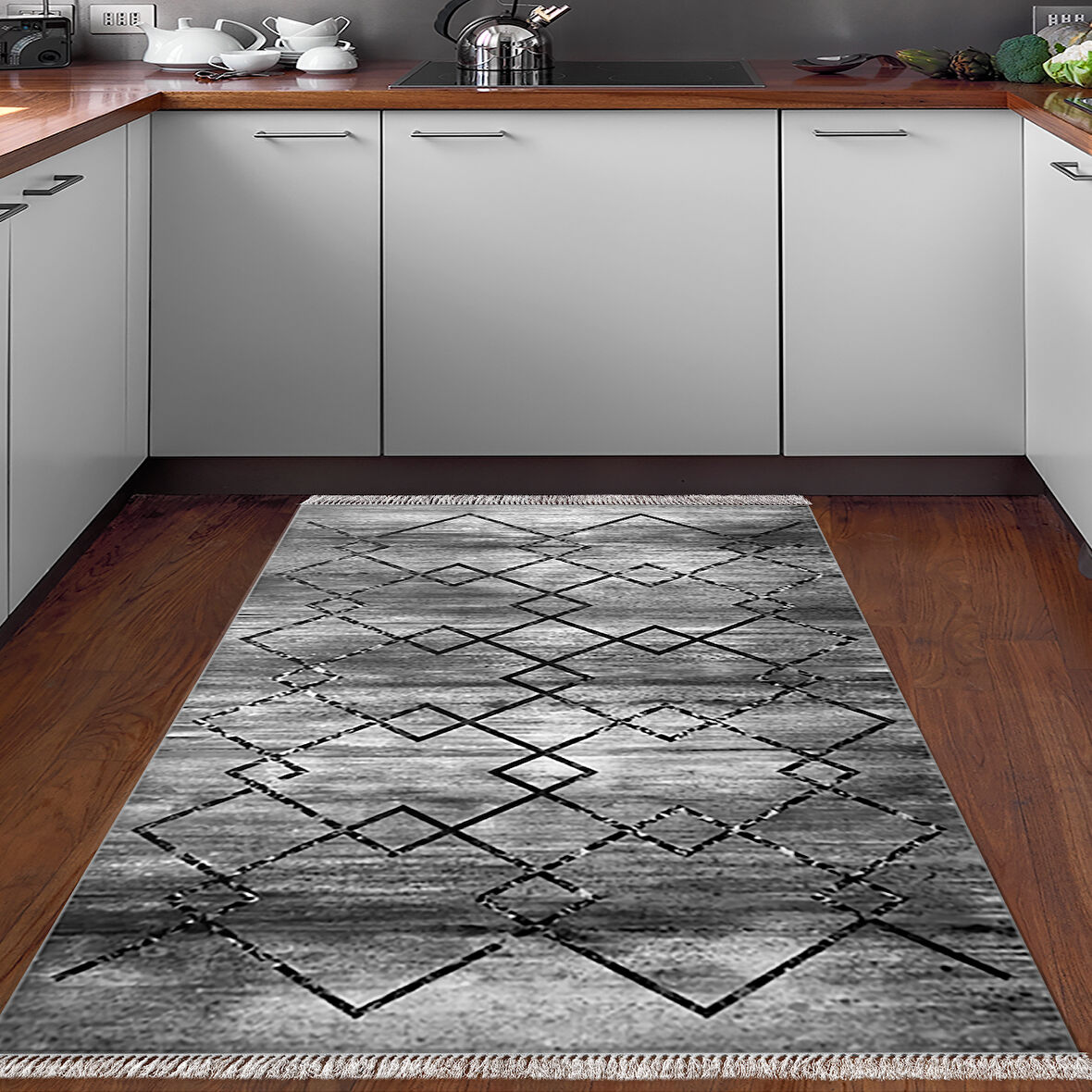 Dekoreko Kaymaz Taban Djt Mutfak Halısı Yıldız Deri Saçaklı Modern M5006