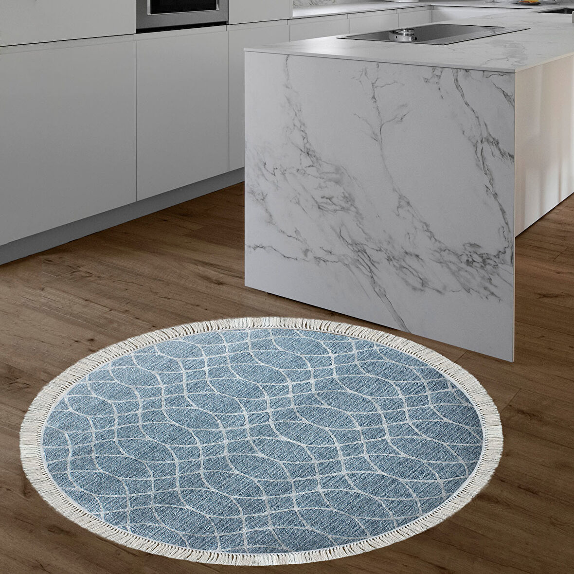 Dekoreko Kaymaz Taban Djt Mutfak Halısı Star Pamuk Saçaklı Yuvarlak İskandinav F5084