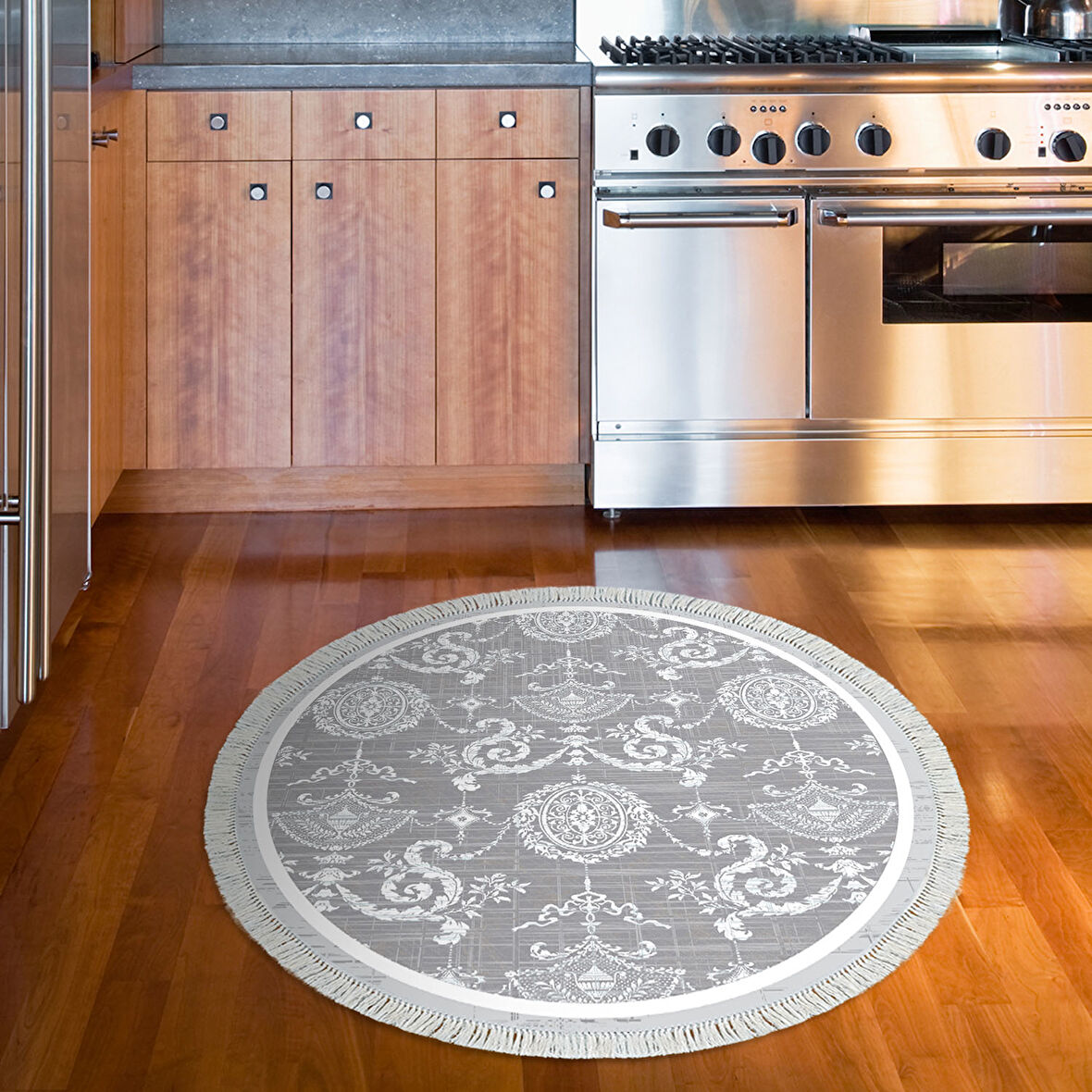 Dekoreko Kaymaz Taban Djt Mutfak Halısı Trend Saçaklı Yuvarlak Modern 1861M