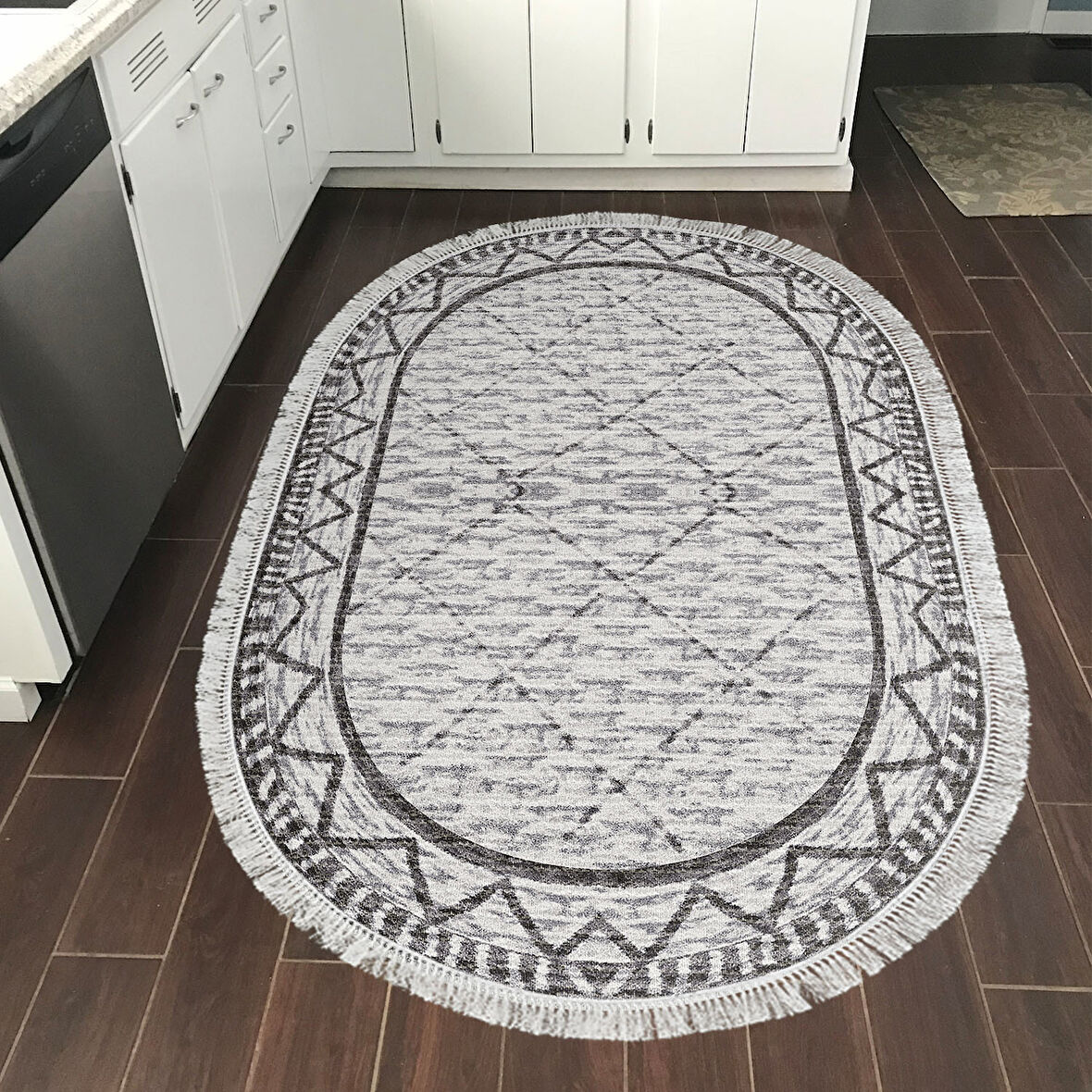 Dekoreko Kaymaz Taban Djt Mutfak Halısı Trend Saçaklı Oval İskandinav F5081