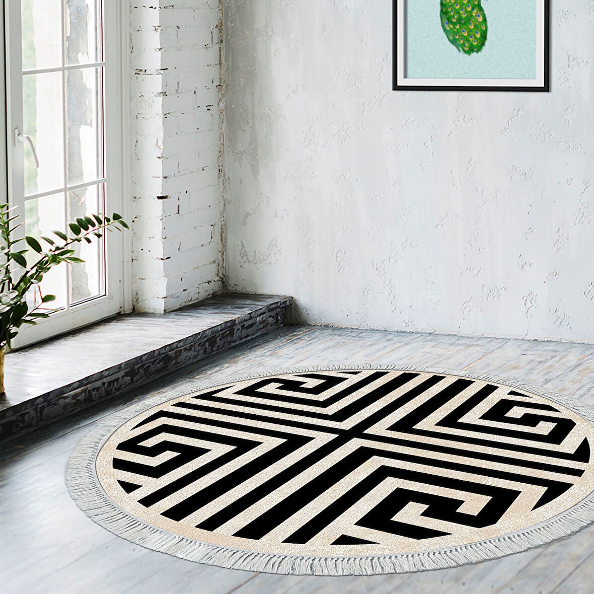 Dekoreko Kaymaz Taban Djt Salon Halısı Star Pamuk Saçaklı Yuvarlak Modern 658M