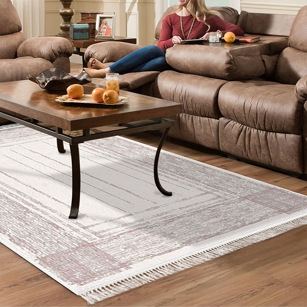 Dekoreko Kaymaz Taban Djt Salon Halısı Yıldız Deri Saçaklı Modern M5076