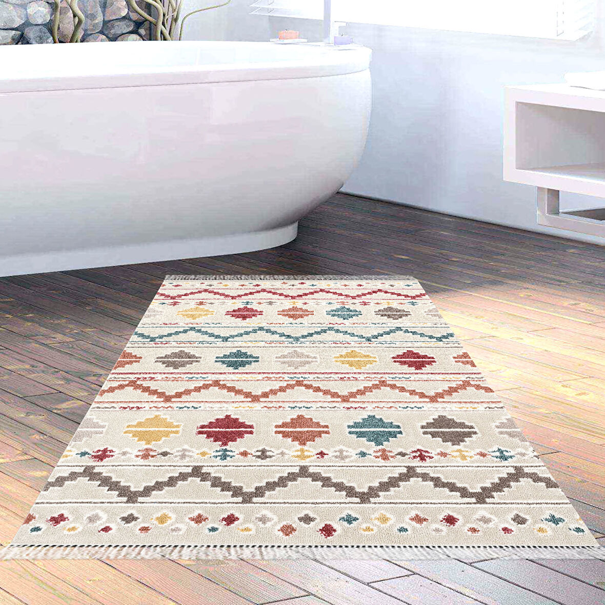 Dekoreko Kaymaz Taban Djt Banyo Halısı Star Pamuk Saçaklı İskandinav F5001