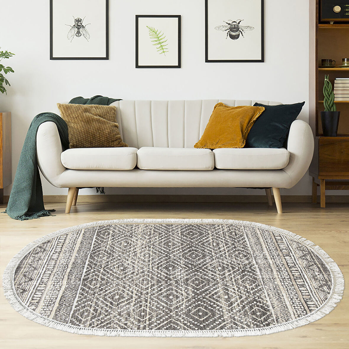 Dekoreko Kaymaz Taban Djt Salon Halısı Trend Saçaklı Oval İskandinav F5087