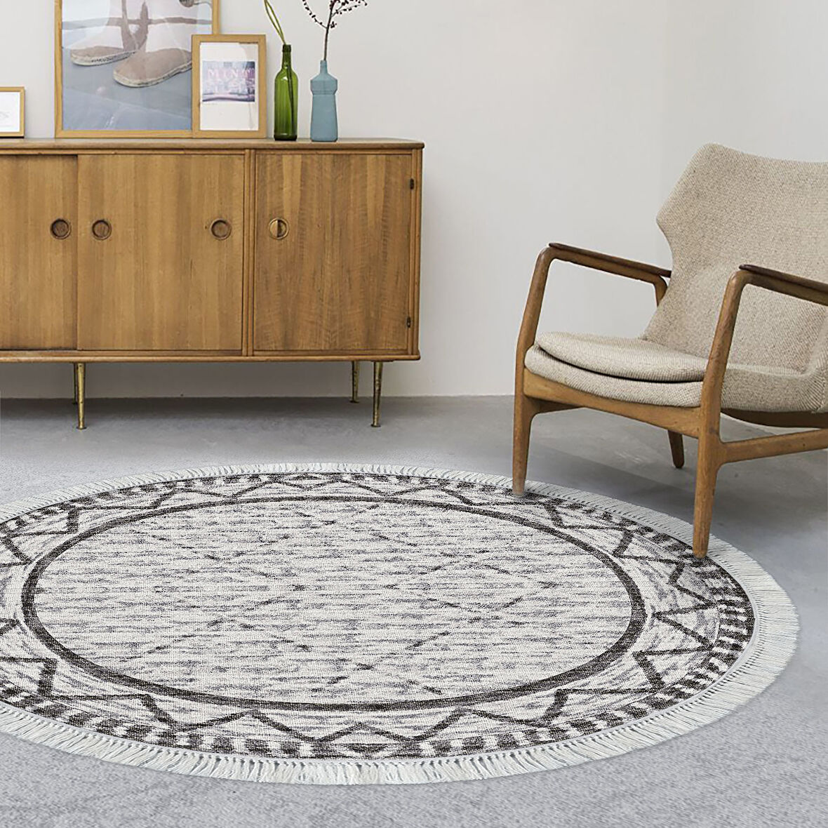 Dekoreko Kaymaz Taban Djt Salon Halısı Star Pamuk Saçaklı Yuvarlak İskandinav F5081