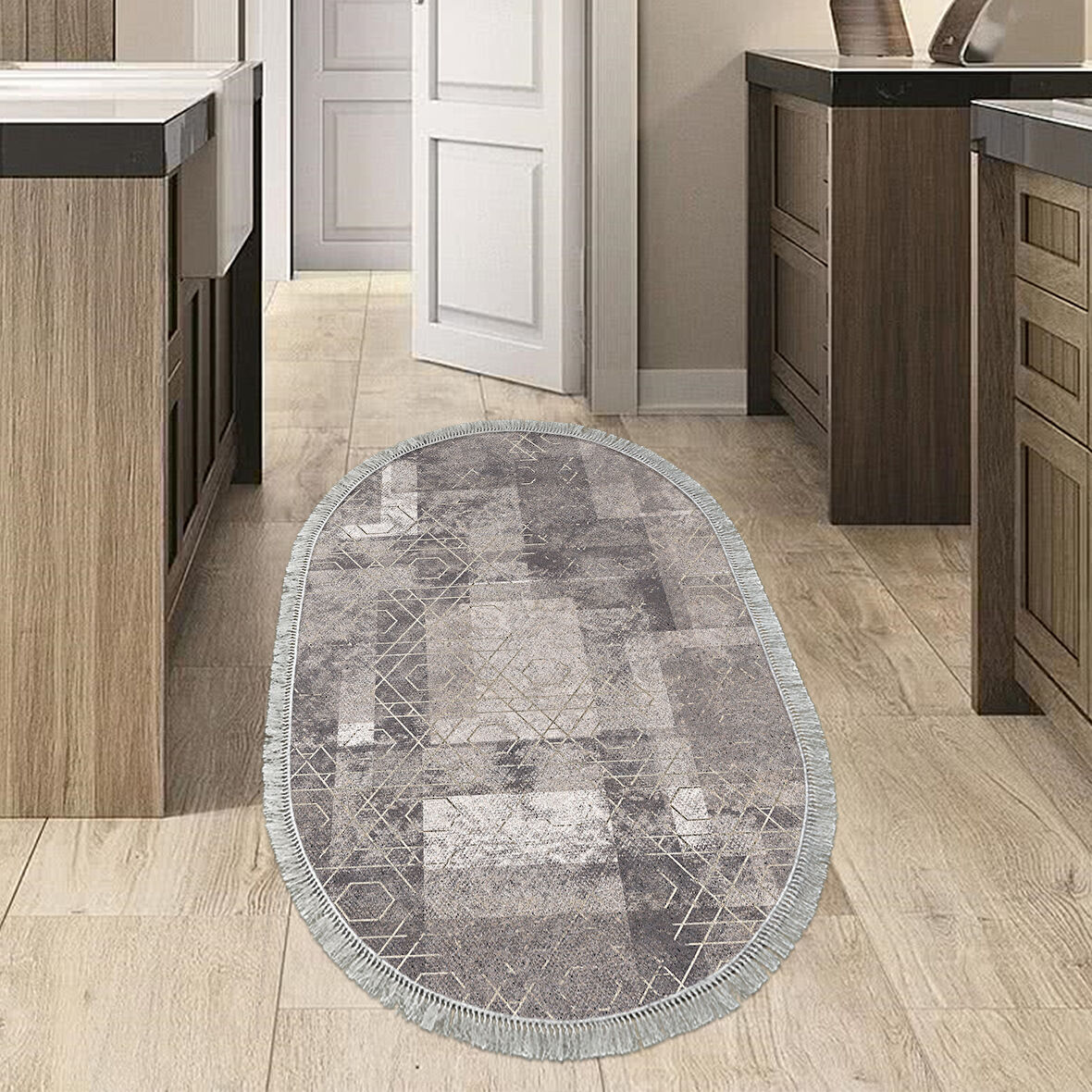 Dekoreko Kaymaz Taban Djt Mutfak Halısı Trend Saçaklı Oval İskandinav F5132