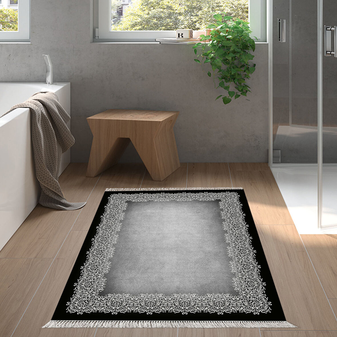 Dekoreko Kaymaz Taban Djt Banyo Halısı Yıldız Deri Saçaklı Modern 1674