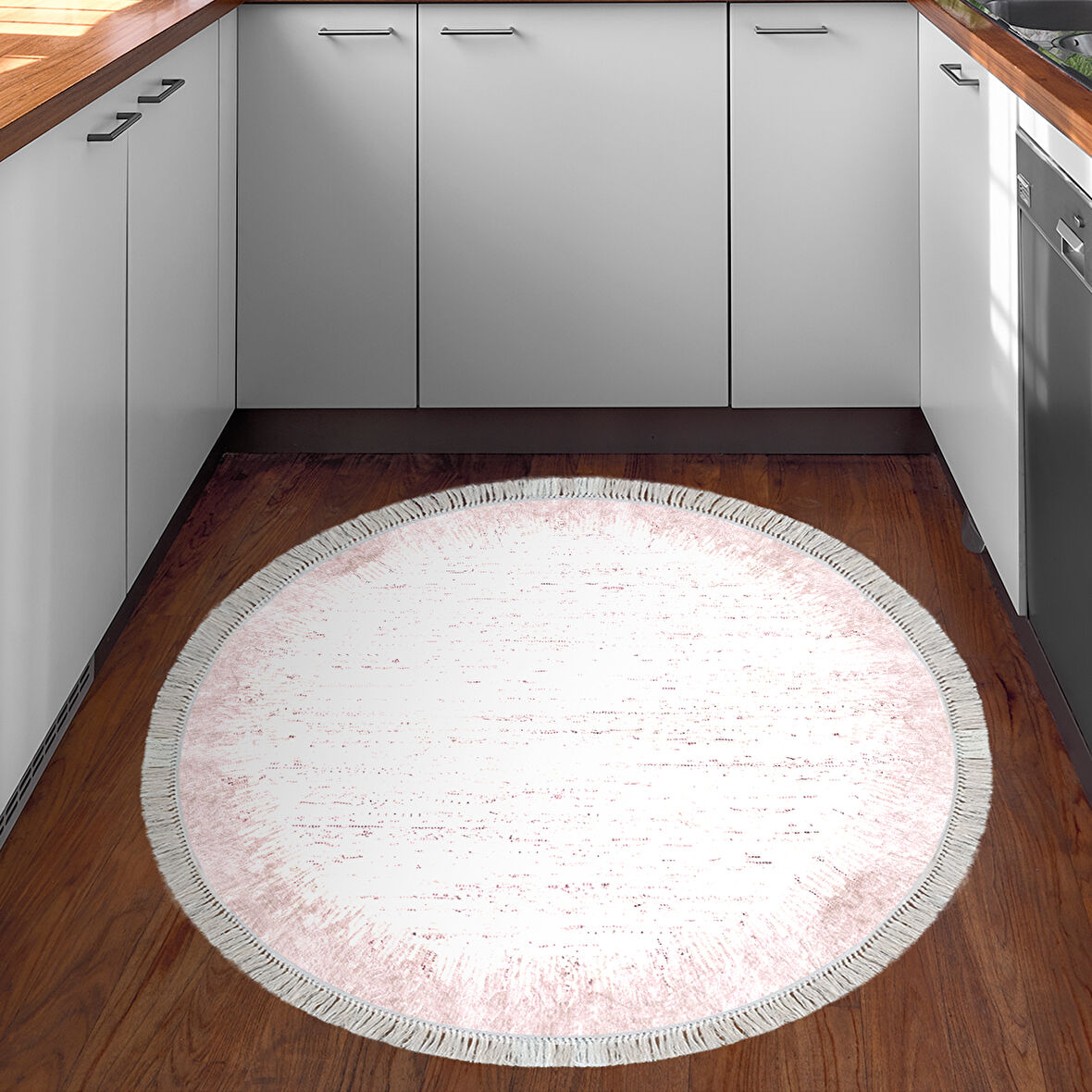 Dekoreko Kaymaz Taban Djt Mutfak Halısı Star Pamuk Saçaklı Yuvarlak Modern 1342