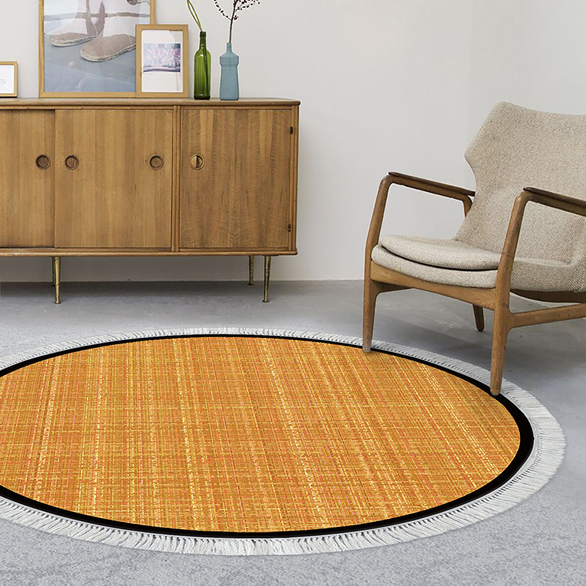 Alanur Home Kaymaz Taban Djt Banyo Mutfak Salon Halı  Trend Saçaklı Yuvarlak Dokuma Desen E5007