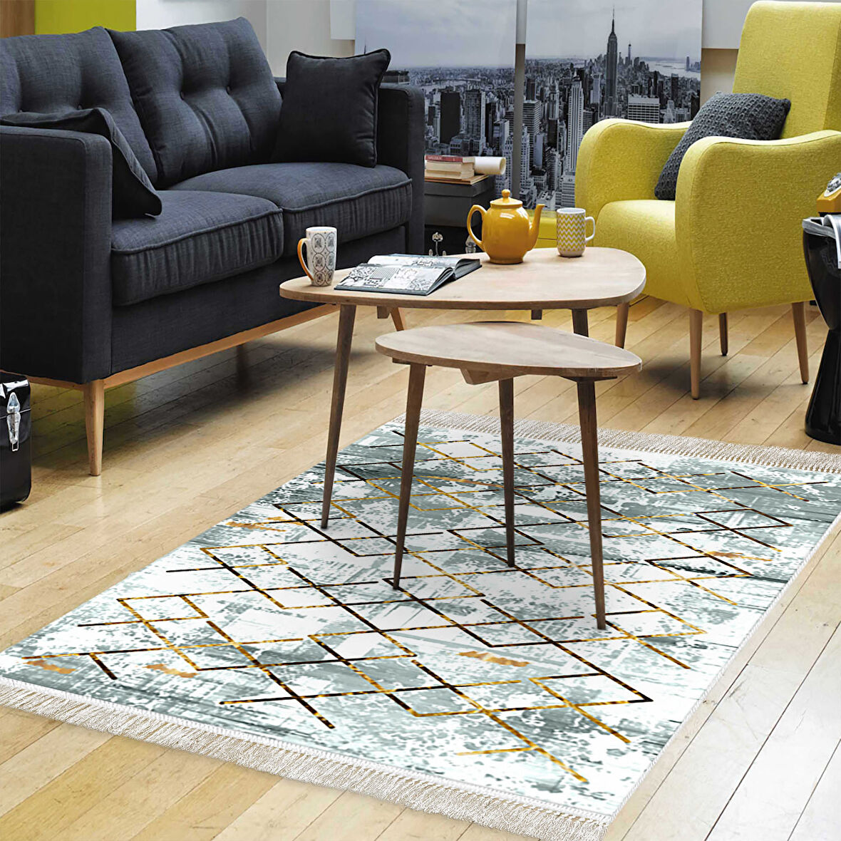 Dekoreko Kaymaz Taban Djt Salon Halısı Trend Saçaklı Modern M5026