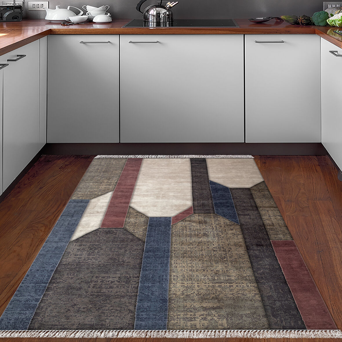 Dekoreko Kaymaz Taban Djt Mutfak Halısı Star Pamuk Saçaklı Modern S6505