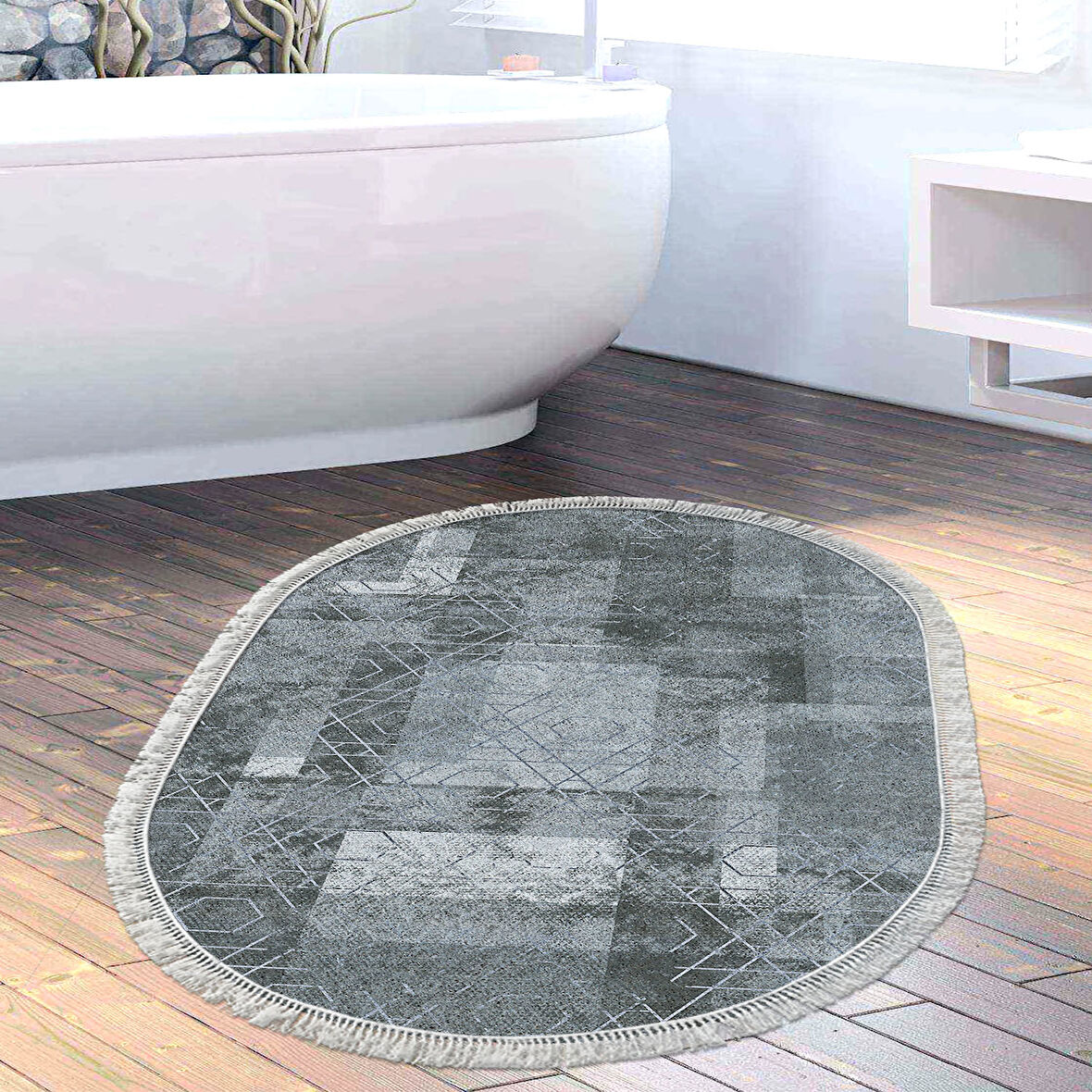 Dekoreko Kaymaz Taban Djt Banyo Halısı Yıldız Deri Saçaklı Oval İskandinav F5132