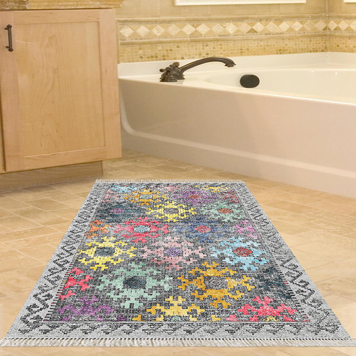 Dekoreko Kaymaz Taban Djt Banyo Halısı Star Pamuk Saçaklı İskandinav F5008