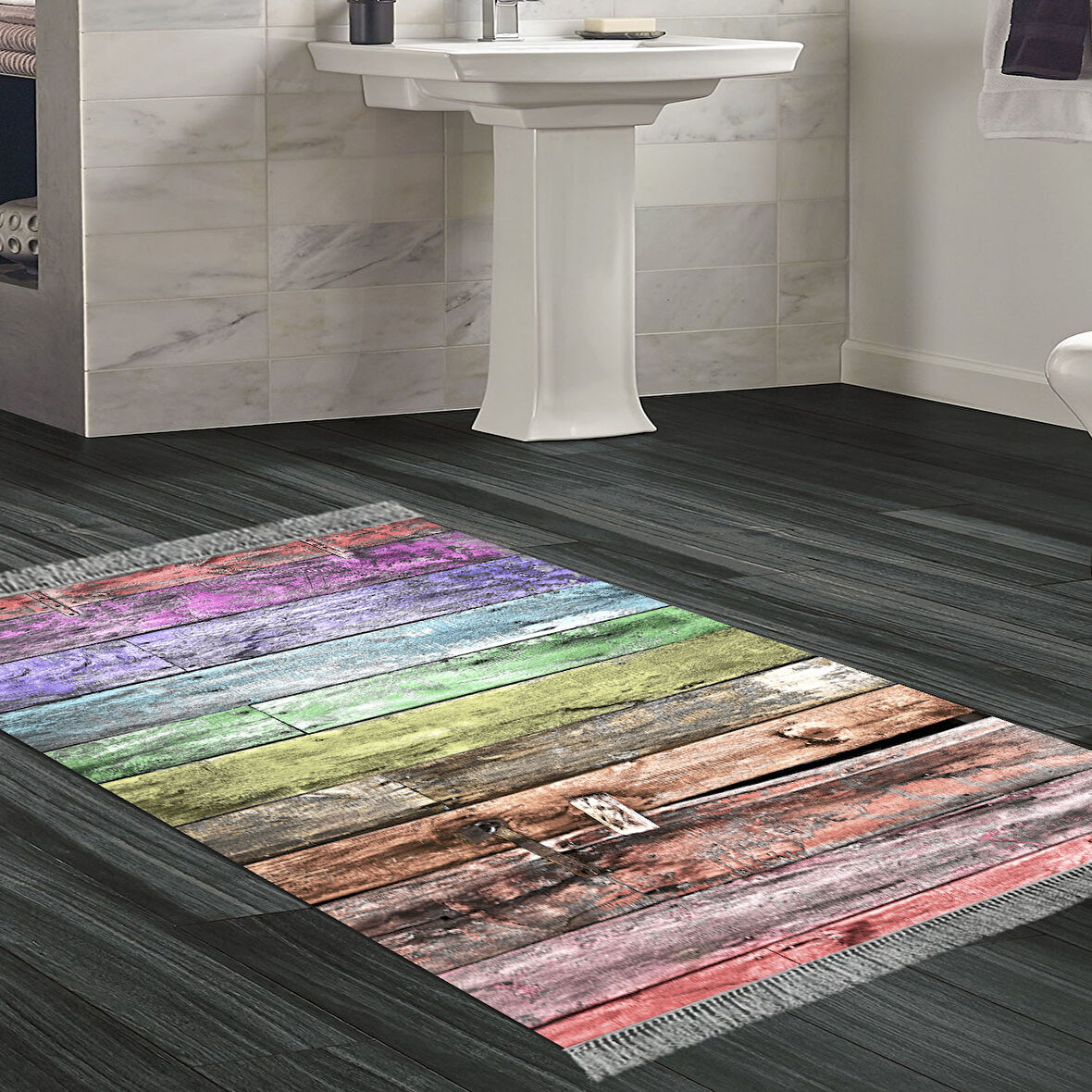 Dekoreko Kaymaz Taban Djt Banyo Halısı Yıldız Deri Saçaklı Modern Mu136