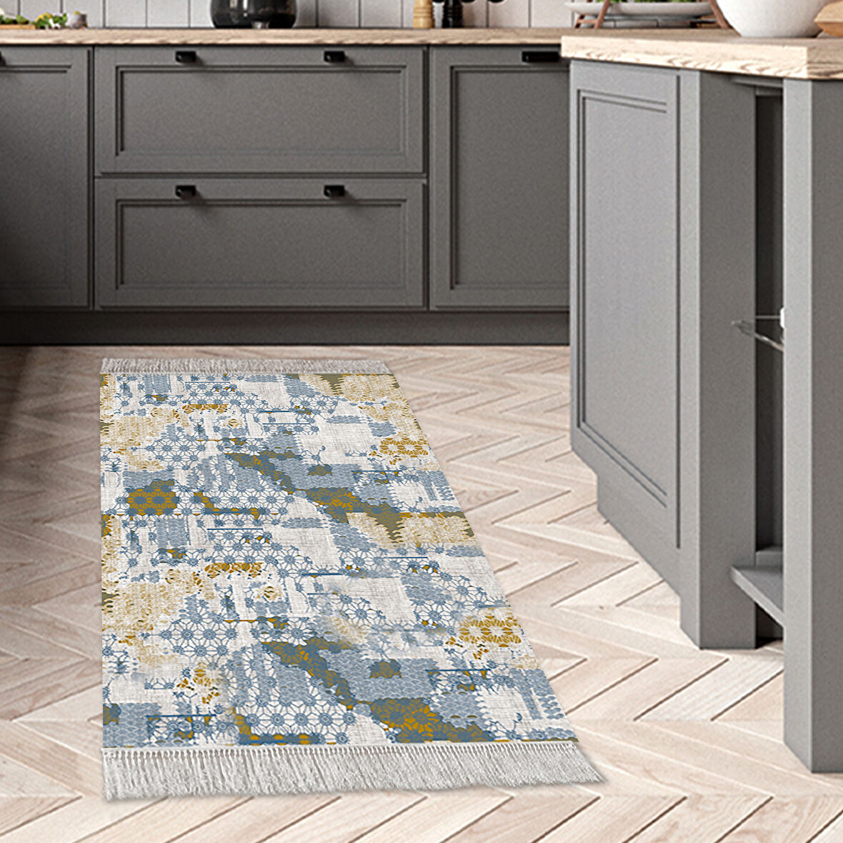 Dekoreko Kaymaz Taban Djt Mutfak Halısı Star Pamuk Saçaklı Modern M5015