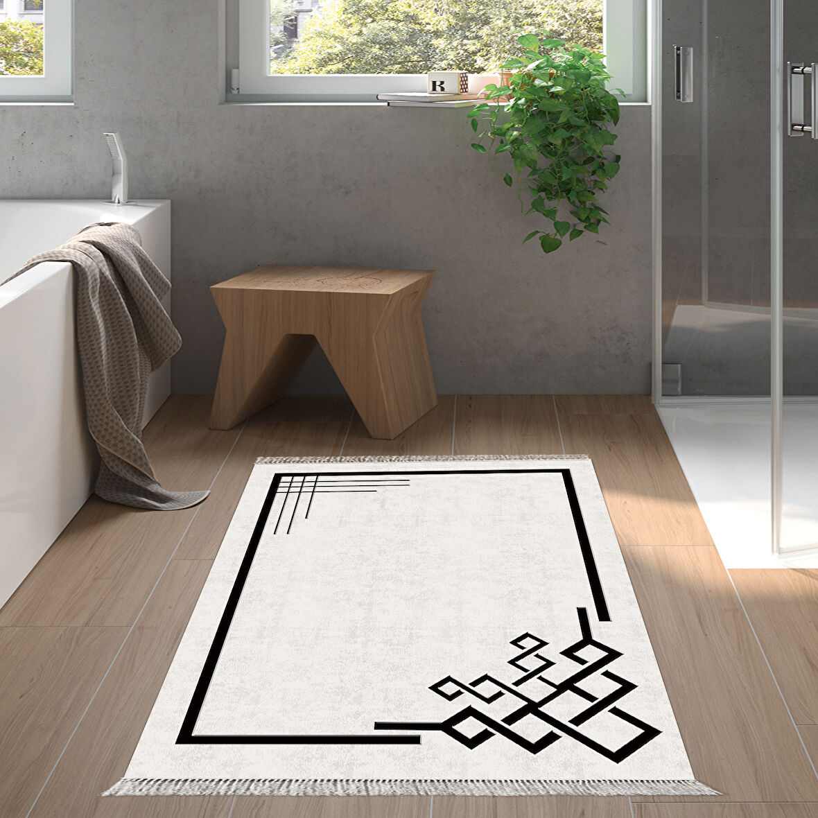 Dekoreko Kaymaz Taban Djt Banyo Halısı Yıldız Deri Saçaklı Modern 1919