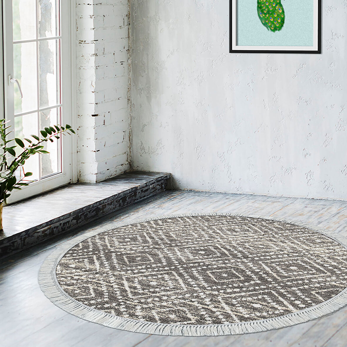 Dekoreko Kaymaz Taban Djt Salon Halısı Trend Saçaklı Yuvarlak İskandinav F5087