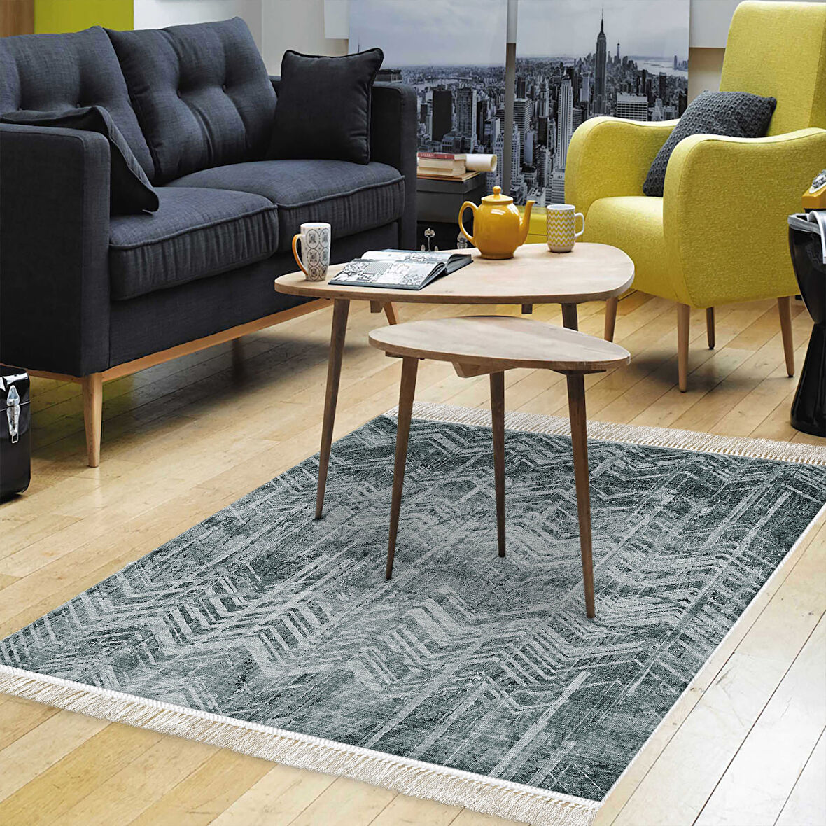 Dekoreko Kaymaz Taban Djt Salon Halısı Trend Saçaklı İskandinav F5083