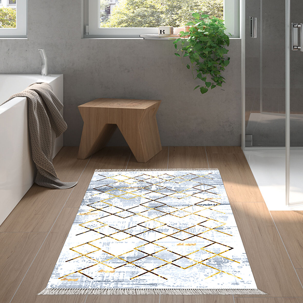 Dekoreko Kaymaz Taban Djt Banyo Halısı Trend Saçaklı Modern M5026