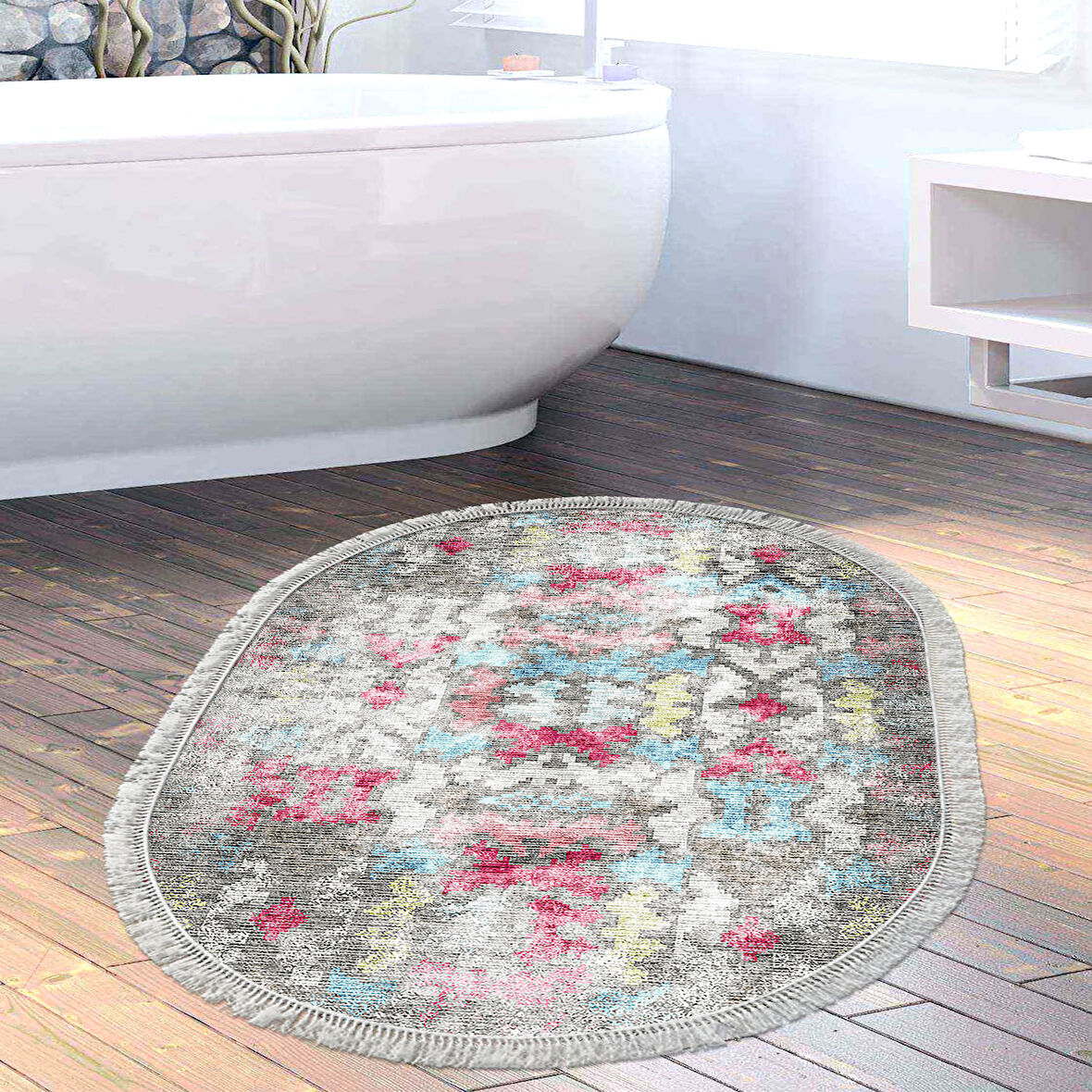 Dekoreko Kaymaz Taban Djt Banyo Halısı Trend Saçaklı Oval Modern F5138