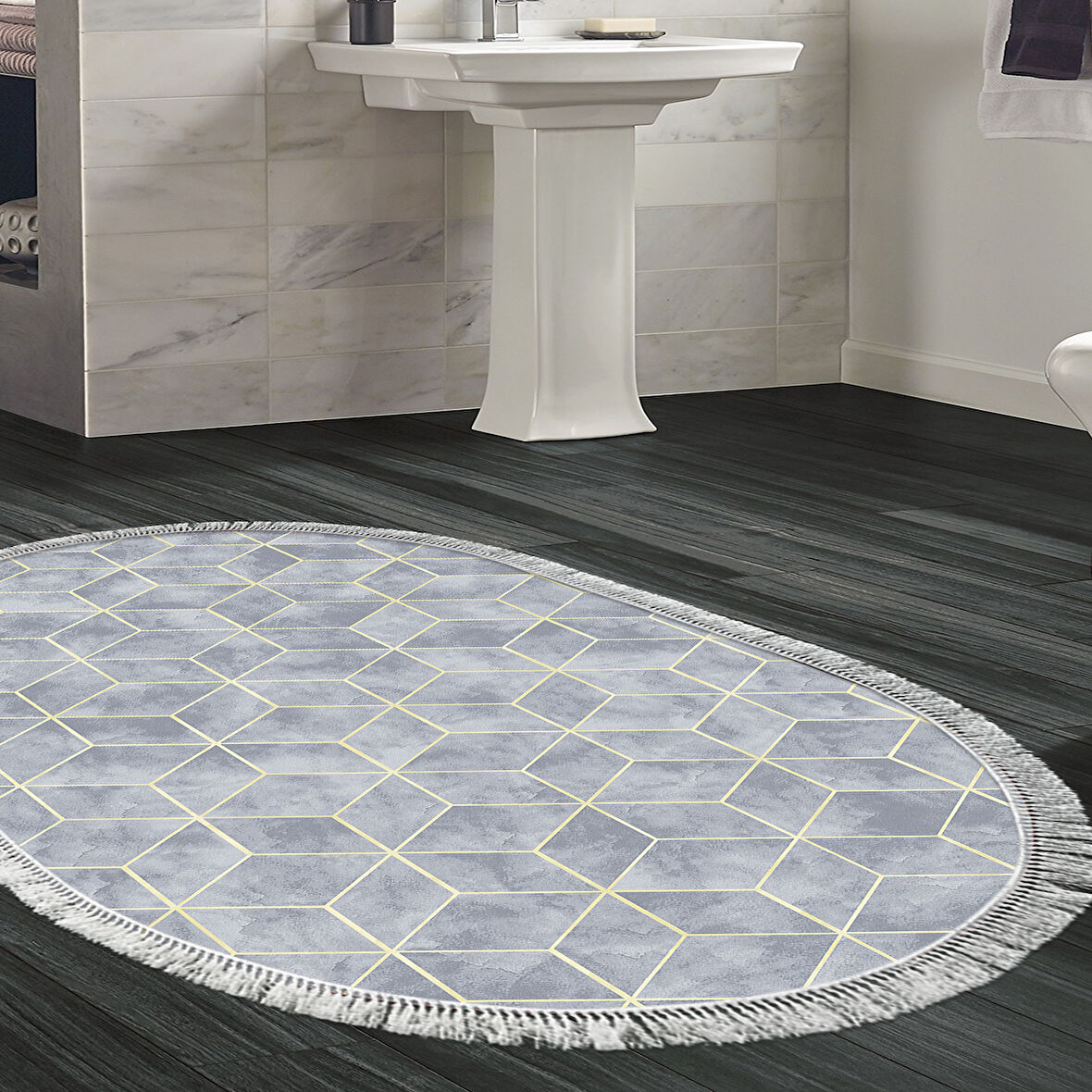 Dekoreko Kaymaz Taban Djt Banyo Halısı Yıldız Deri Saçaklı Oval Modern 627M