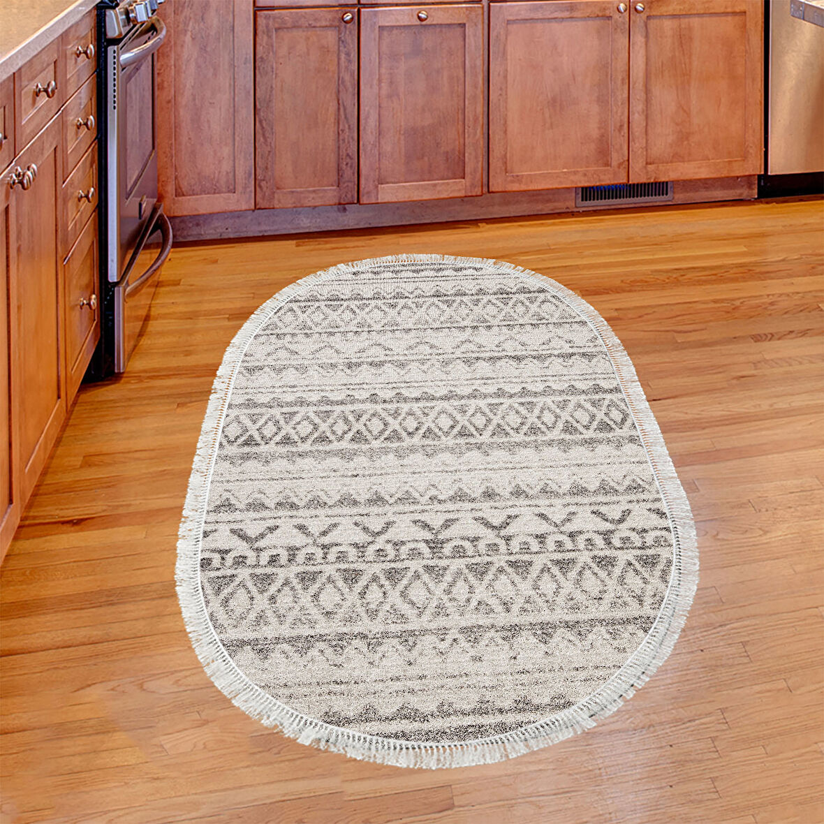 Dekoreko Kaymaz Taban Djt Mutfak Halısı Trend Saçaklı Oval İskandinav F5078