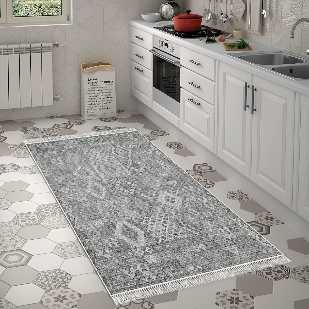 Dekoreko Kaymaz Taban Djt Mutfak Halısı Yıldız Deri Saçaklı İskandinav F5137