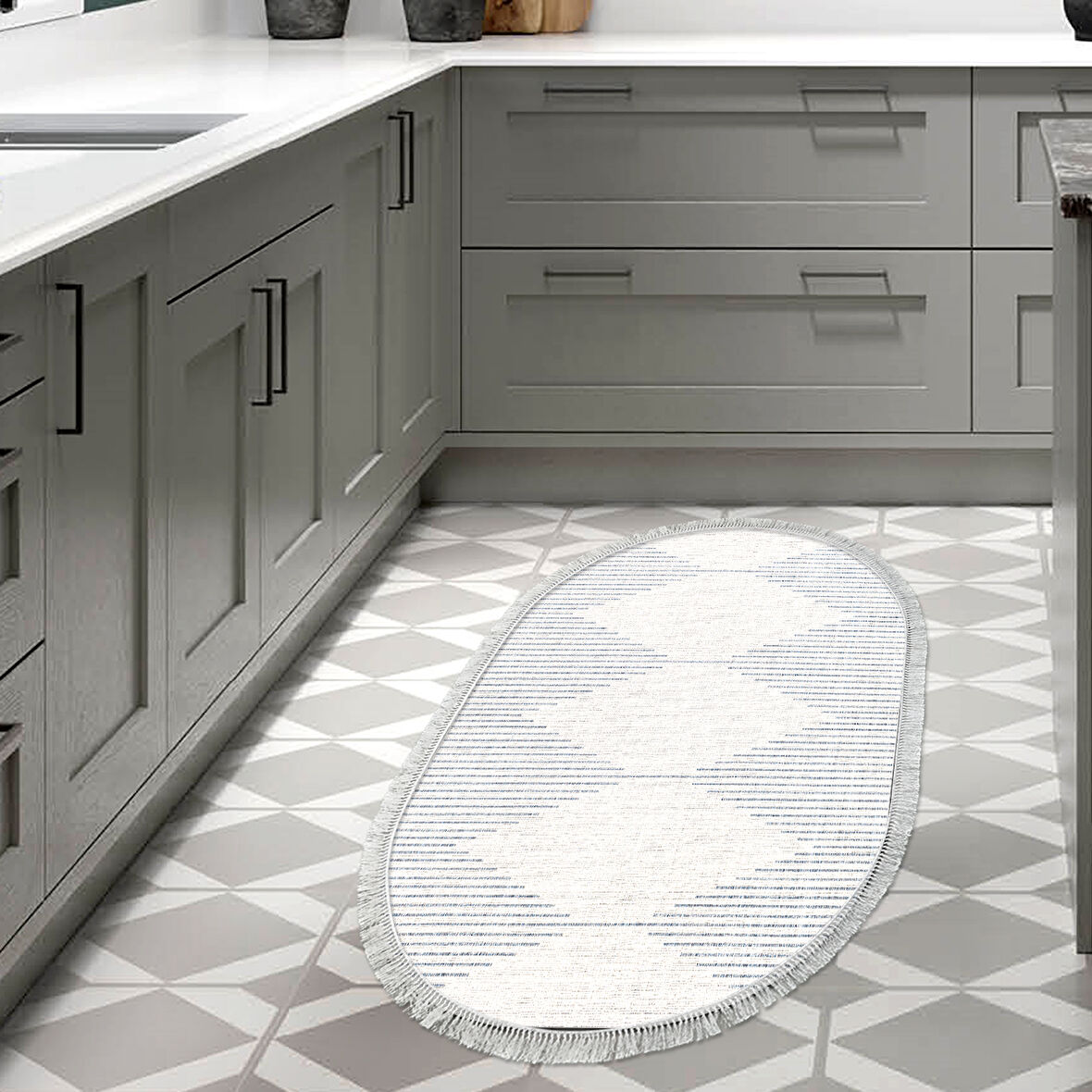 Dekoreko Kaymaz Taban Djt Mutfak Halısı Star Pamuk Saçaklı Oval İskandinav F5085