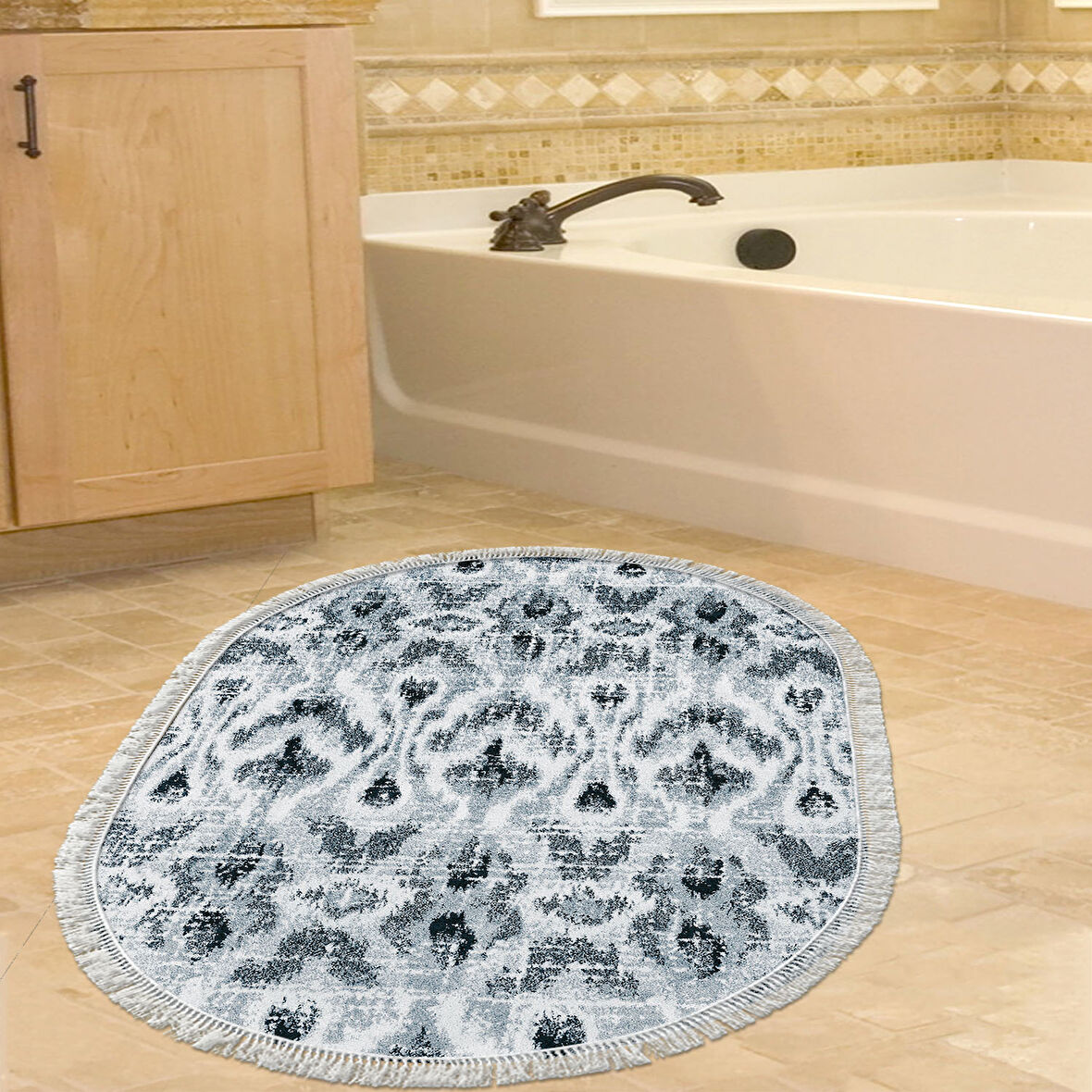 Dekoreko Kaymaz Taban Djt Banyo Halısı Yıldız Deri Saçaklı Oval İskandinav F5136