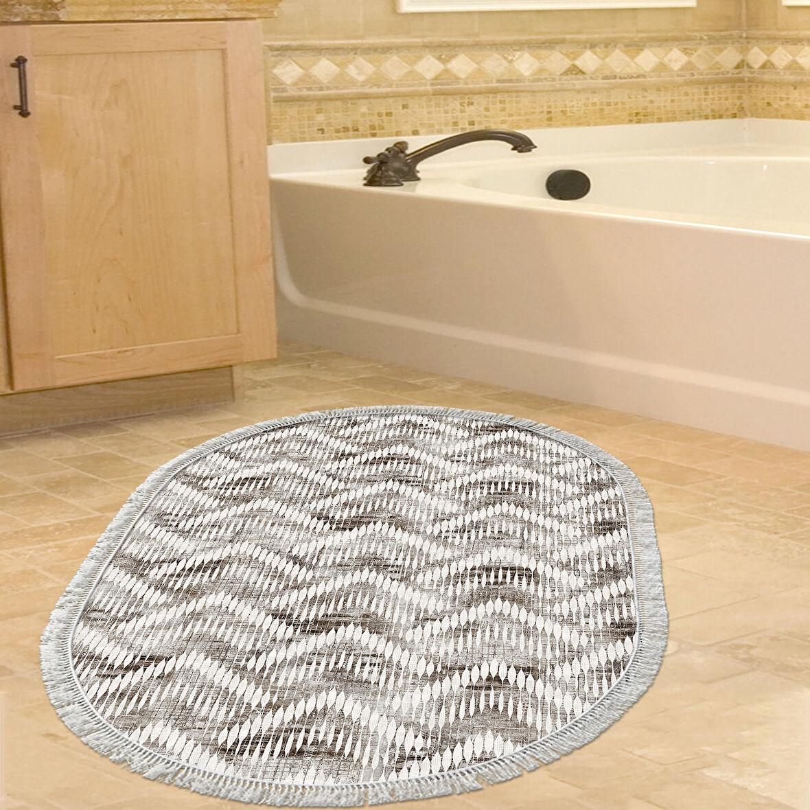 Dekoreko Kaymaz Taban Djt Banyo Halısı Trend Saçaklı Oval İskandinav F5124
