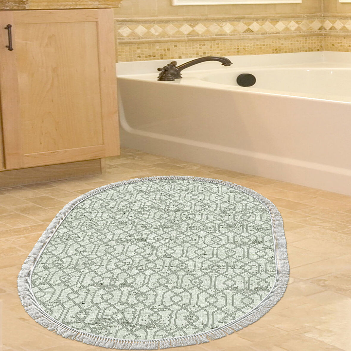 Dekoreko Kaymaz Taban Djt Banyo Halısı Trend Saçaklı Oval Modern 757