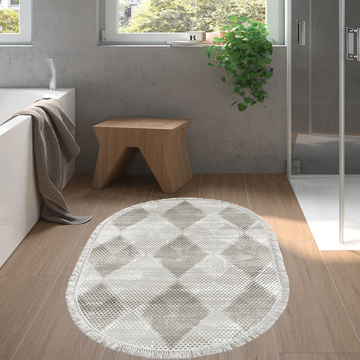 Dekoreko Kaymaz Taban Djt Banyo Halısı Yıldız Deri Saçaklı Oval İskandinav F5131