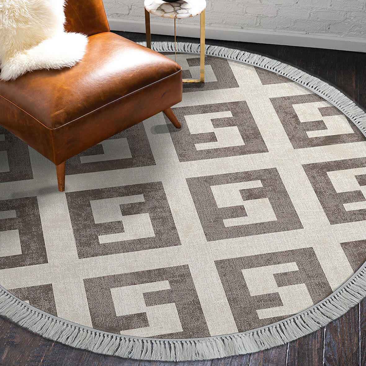 Dekoreko Kaymaz Taban Djt Salon Halısı Trend Saçaklı Yuvarlak Modern 606M