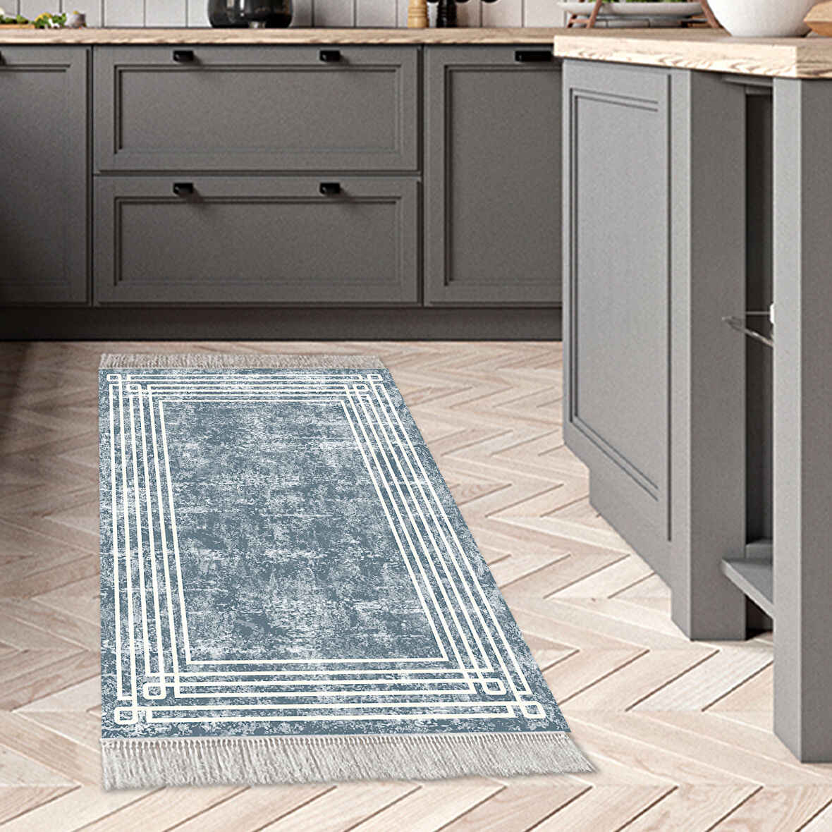 Dekoreko Kaymaz Taban Djt Mutfak Halısı Star Pamuk Saçaklı Modern M5142