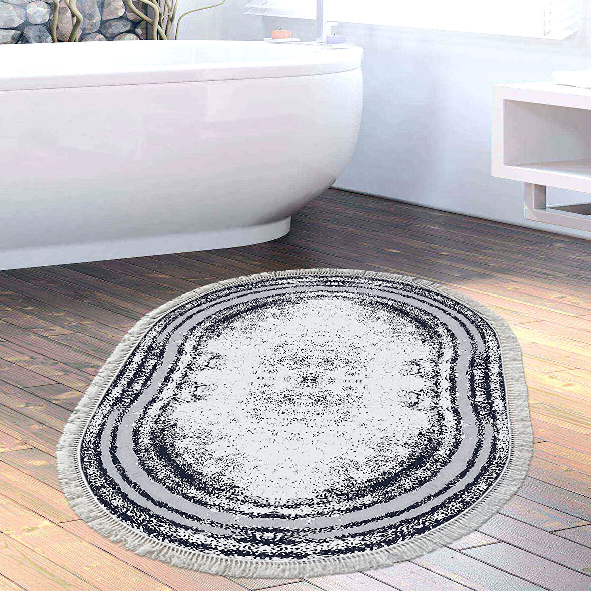 Dekoreko Kaymaz Taban Djt Banyo Halısı Trend Saçaklı Oval Modern M5132
